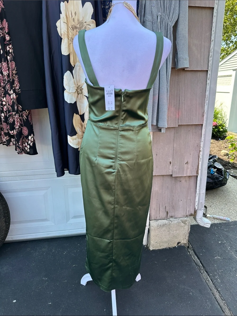 Abercrombie & Fitch Olive Green Satin Square-Neck Midi Dress